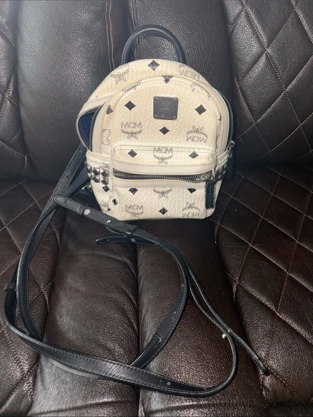 MCM Cream Logo Mini Backpack with Black Trim